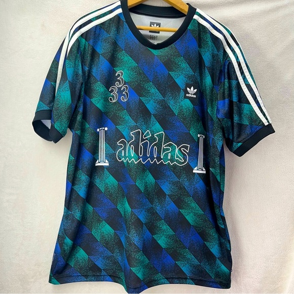 Adidas Towning 333 Soccer Futbol Jersey Mens Large Climalite Blue Green Trefoil - Picture 1 of 7